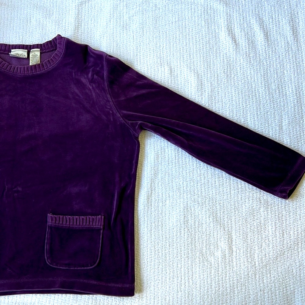 Vintage velour top.  Deep purple with ribbed collar and one front pocket.